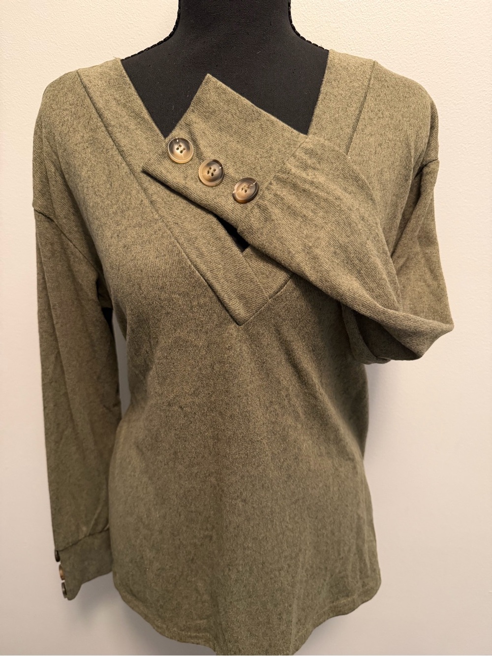 SHEIN Olive Green V-Neck Button Cuff Sweater